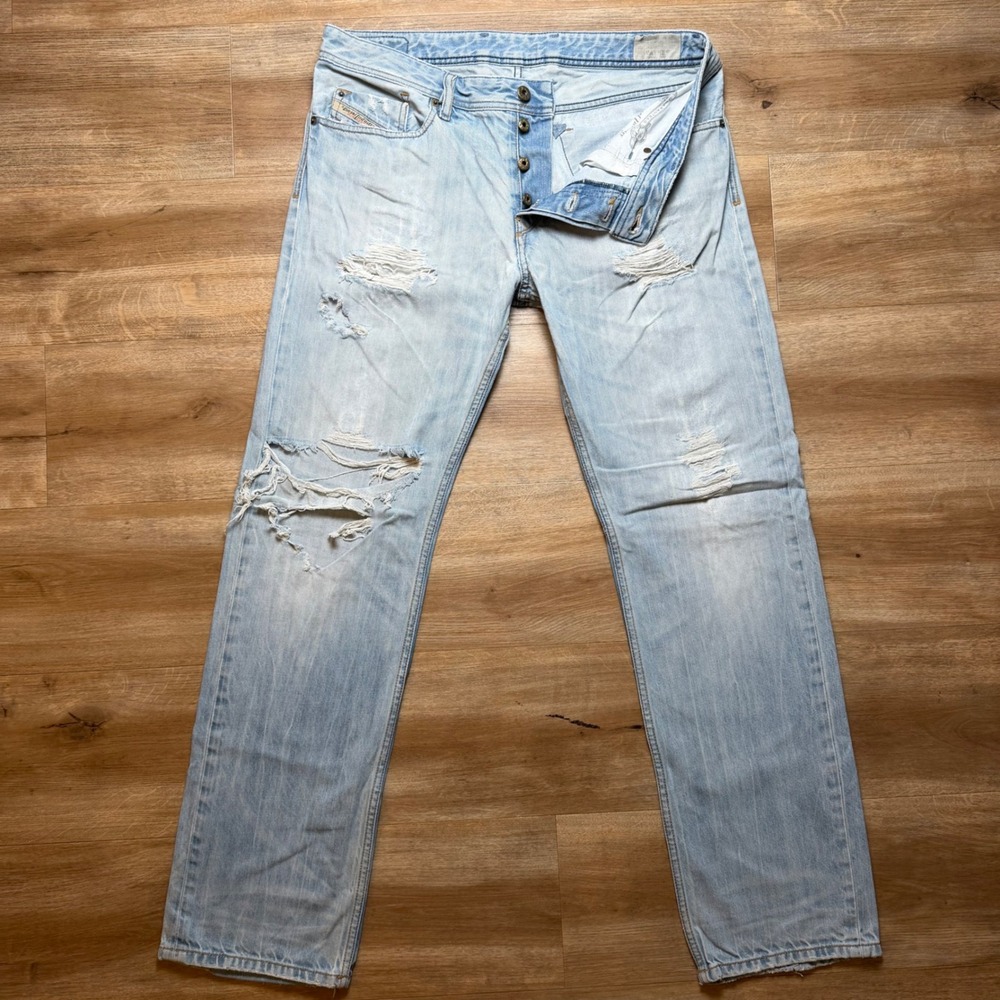 Diesel Waykee Jeans Mens 33x32 Light Wash Distressed Straight Leg Denim 0816P